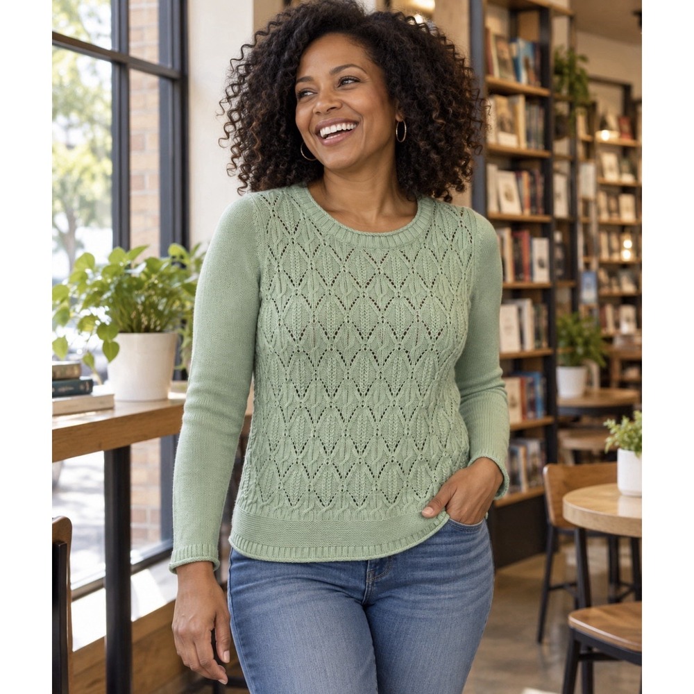 Mint Green Cable Knit Tweed Crewneck Sweater Cotton Size XS Talbots